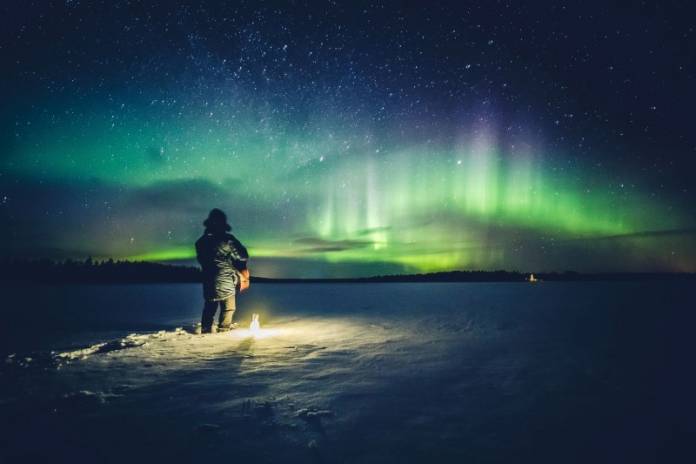 Peruvian musician Victor Alarcon shoots a music video in the Finnish Arctic for his single called 'Aurora Boreal' (Northern Lights) near Rovaniemi