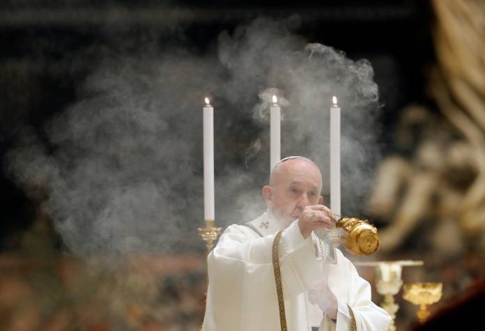 Pope Francis leads an Easter vigil service with no public participation due to the coronavirus (COVID-19) outbreak, in Vatican