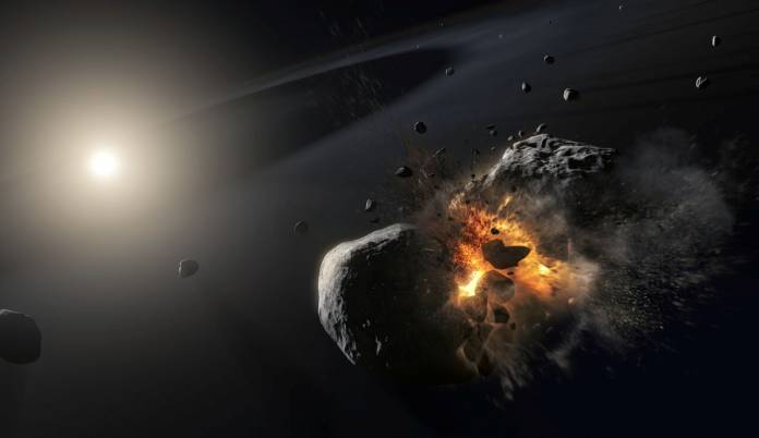 Artist's Impression of a collision of two icy asteroid-sized bodies orbiting the bright star Fomalhaut
