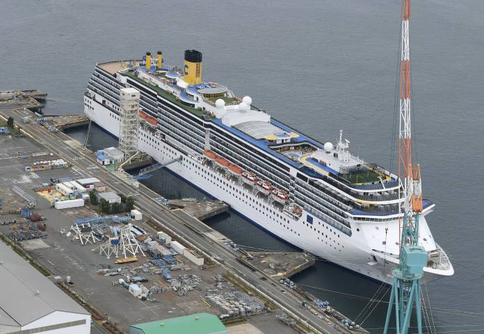 An aerial view shows Italian cruise ship Costa Atlantica in Nagasaki, Japan