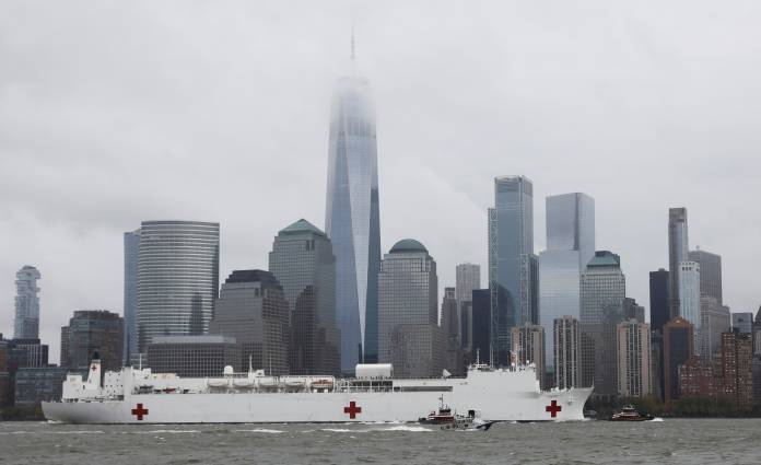 Hospital ship USNS Comfort departs Manhattan during the outbreak of coronavirus disease (COVID-19) in New York