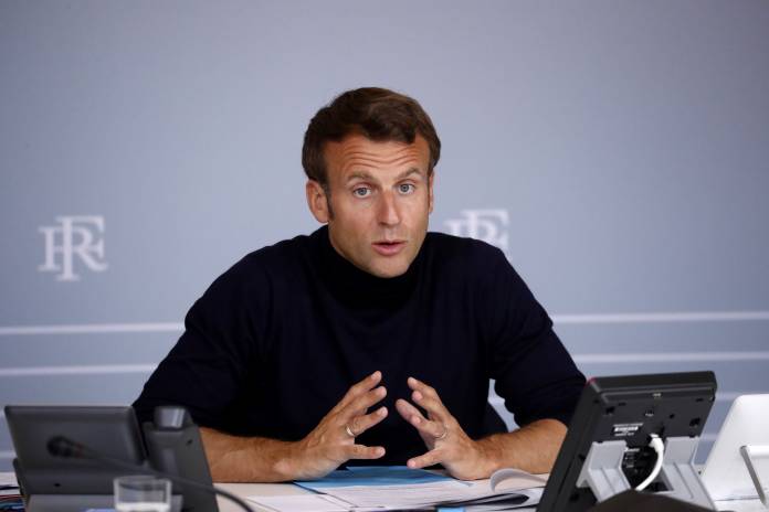 French President Macron attends a video conference with representatives of the overseas territories