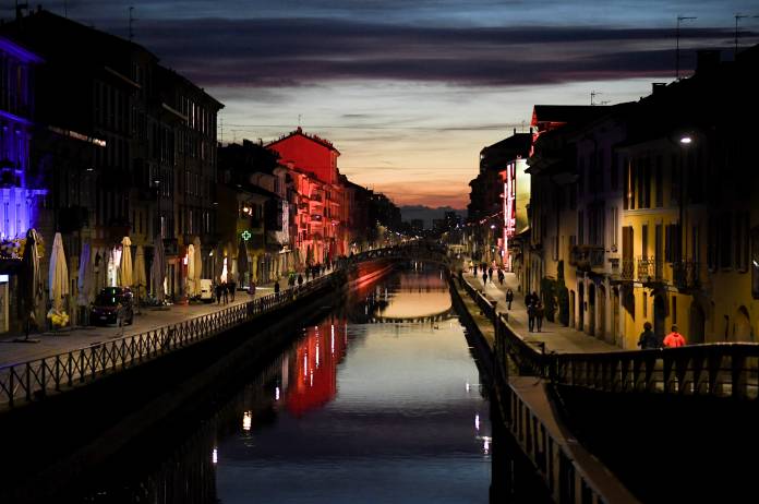 FILE PHOTO: A sunset in Navigli is seen, after a decree orders for the whole of Italy to be on lockdown in an unprecedented clampdown aimed at beating the coronavirus,in Milan