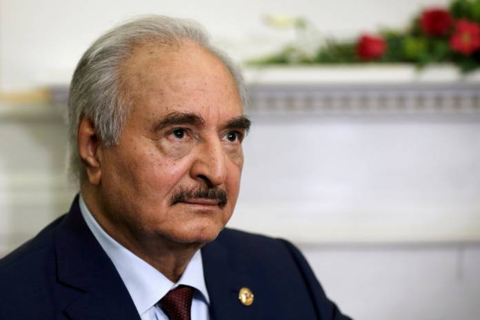 FILE PHOTO: Libyan commander Khalifa Haftar meets Greek Foreign Minister Nikos Dendias at the Foreign Ministry in Athens