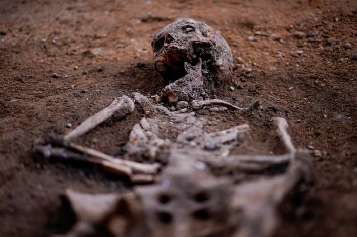 A view shows human remains found in an archeological dig, during the search for Irish nobleman Hugh O'Donnell in Valladolid, Spain May 29, 2020. REUTERS/Juan Medina