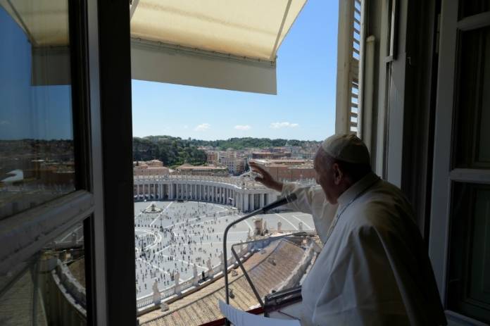 Pope Francis leads the Regina Coeli prayer at the Vatican