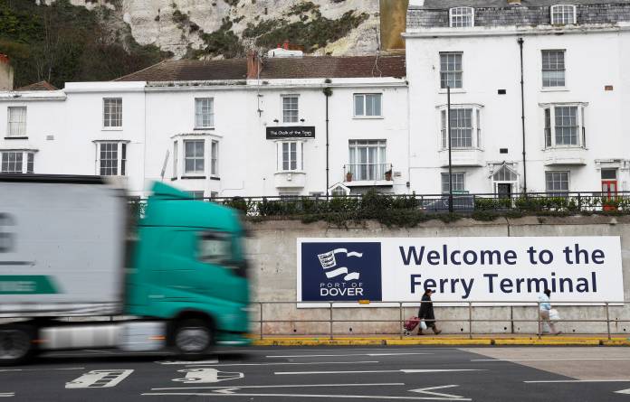 A lorry arrives to the Port of Dover during a trial of how road will cope in case of a