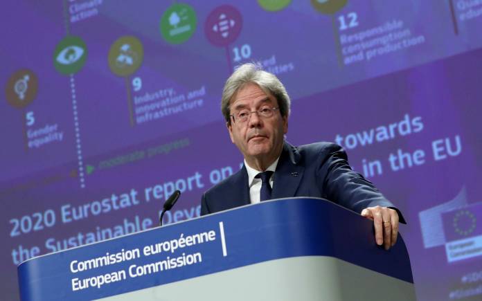 EU Economy Commissioner Paolo Gentiloni gives a news conference on the 2020 Eurostat report on progress towards the Sustainable Development Goals in the EU, in Brussels