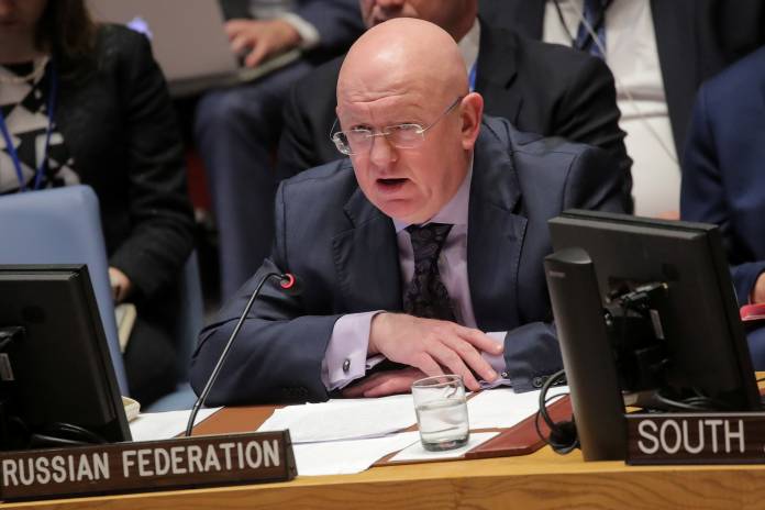 Vassily Nebenzia, Russian Ambassador to the United Nations, addresses the United Nations Security Council at U.N. headquarters in New York