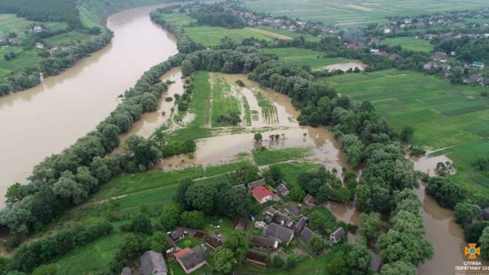 An aerial view shows the flooded area in Ternopil region