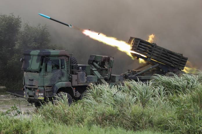 Multiple Launch Rocket System (MLRS) Thunderbolt-2000 fires rockets during the live-fire, anti-landing Han Kuang military exercise, which simulates an enemy invasion, in Taichung