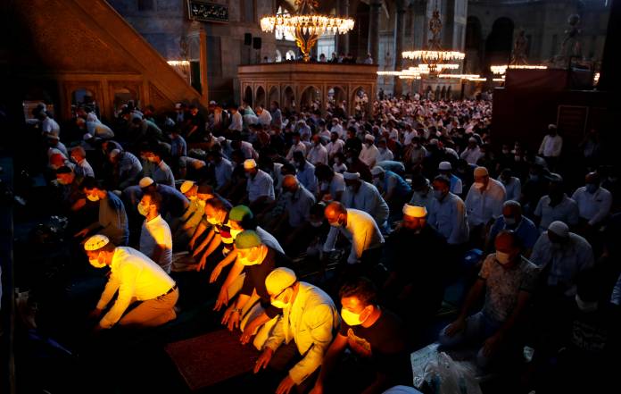 FILE PHOTO: Friday prayers at Hagia Sophia Grand Mosque for the first time in 86 years, in Istanbul