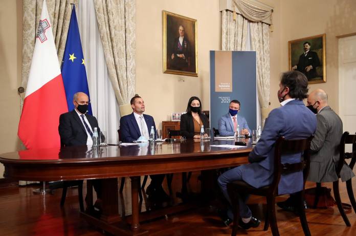 pr201980a Prime Minister Robert Abela meets representatives from the Malta Entertainment Industry and Arts Association as part of the pre-budget consultations Minister José Herrera, Prime Minister Robert Abela, Julia Farrugia Portelli Clayton Bartolo Howard Keith Debono Toni Attard