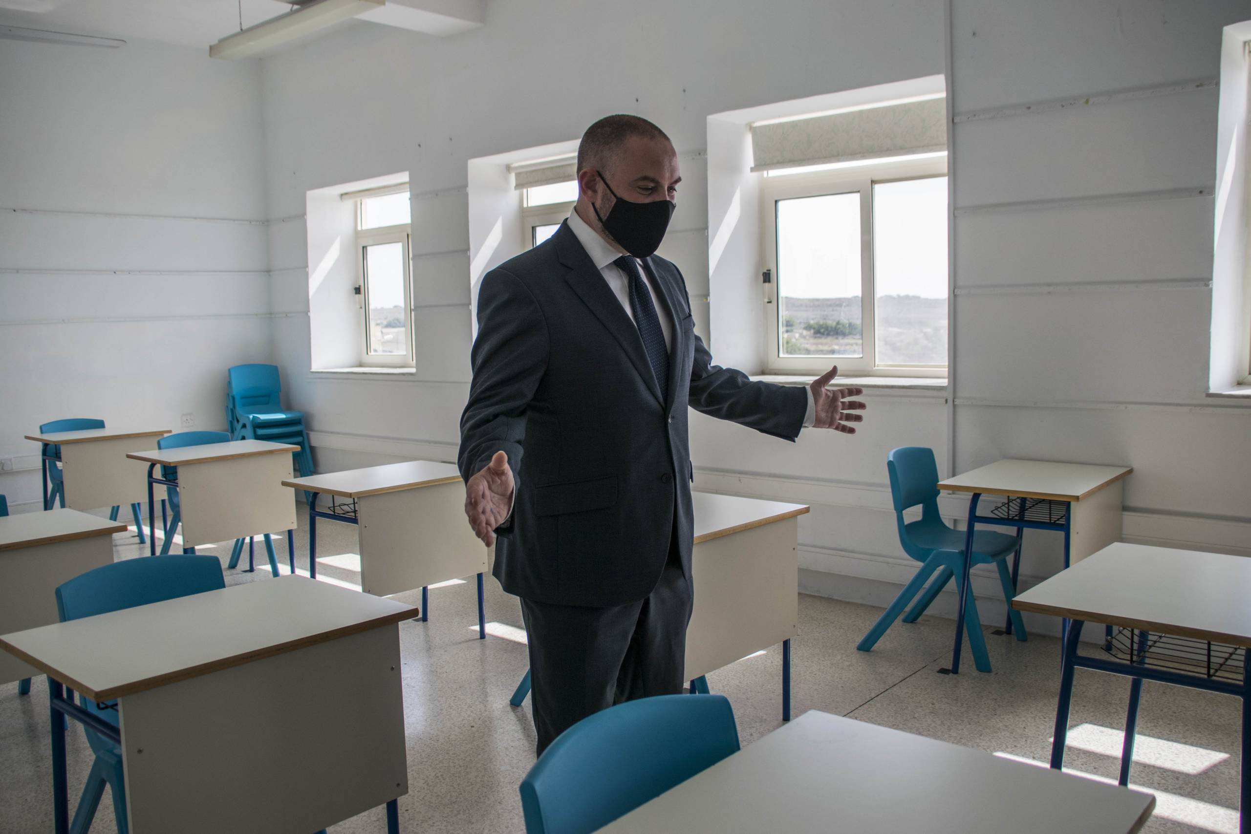Owen-Bonnici-showing-distance-between-desks-in-class-before-first-school-opening-during-pandemic